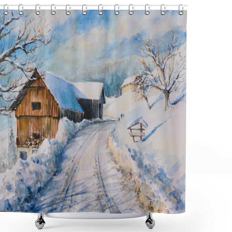 Personality  Watercolors Oryginal Painting Of Winter Mountain Landscape And Farm Covered With Snow. Shower Curtains