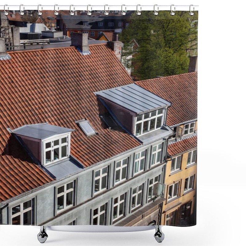 Personality  Aerial View Of Building With Windows On Rooftop, Green Tree And Houses In Copenhagen, Denmark Shower Curtains