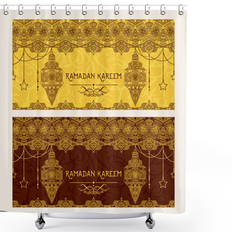 Personality  Beautiful Greeting Card For Muslim Community Festival Ramadan Kareem. Pattern With Ornament Arabic Calligraphy, Arabic Lamp And Ornate Border Frame. Vintage Hand Drawn Vector Illustration Shower Curtains