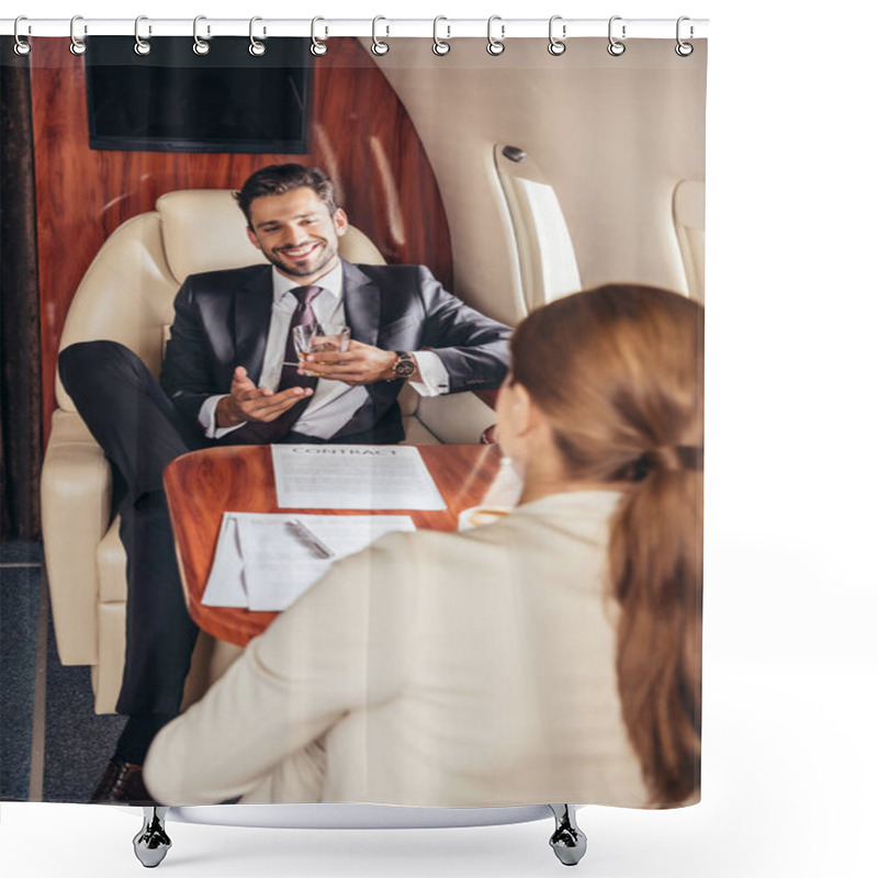 Personality  Selective Focus Of Businessman With Glass Talking With Businesswoman In Private Plane  Shower Curtains