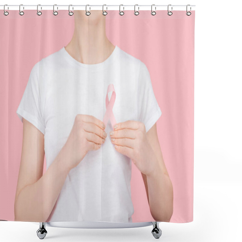 Personality  Partial View Of Woman In White T-shirt Holding Pink Breast Cancer Sign Isolated On Pink Shower Curtains