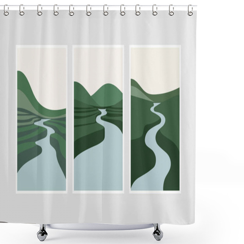 Personality  Vector Illustration. Pastel Curves Of Green Fields And Hills With The Smooth Blue Line Of The River Creating A Sense Of Lightness And Peace. Shower Curtains