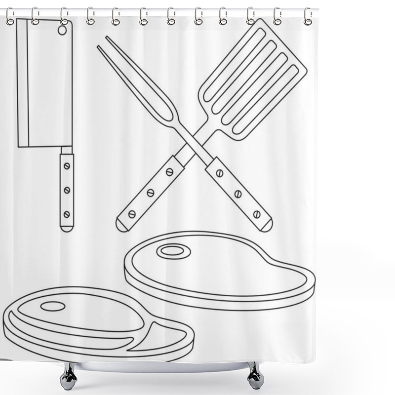 Personality  Line Art Black And White Steak Cooking Set Shower Curtains