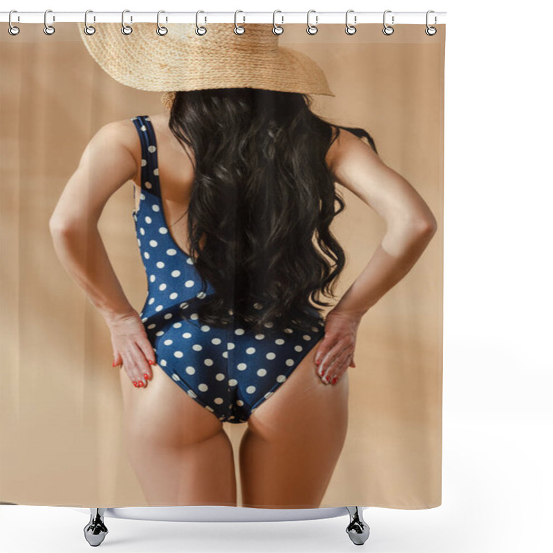 Personality  Back View Of Sexy Brunette Woman In Polka Dot Swimsuit And Straw Hat Posing With Hands On Buttocks On Beige Background Shower Curtains