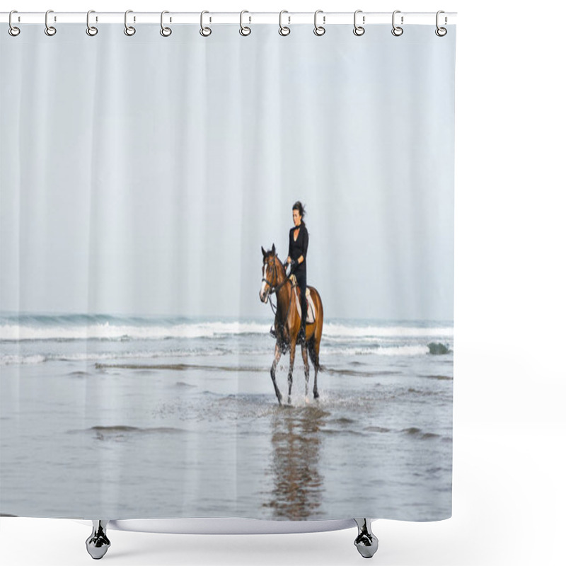 Personality  Female Equestrian Riding Horse In Wavy Water  Shower Curtains