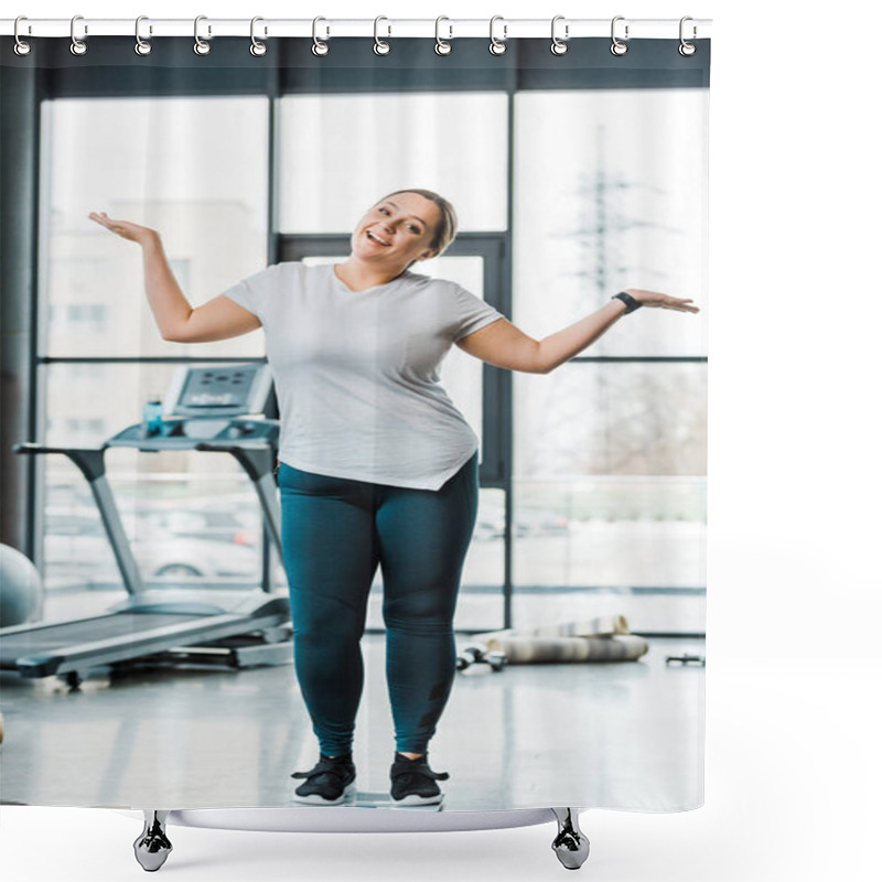 Personality  Cheerful Overweight Woman Gesturing While Standing On Scales Shower Curtains