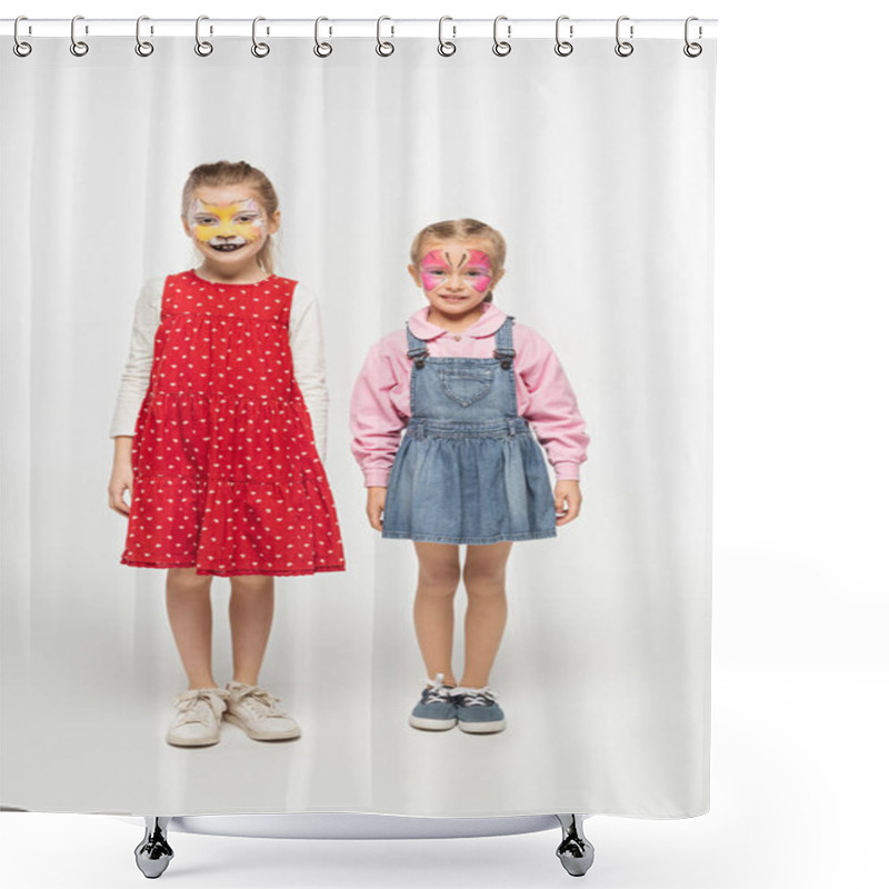 Personality  Full Length View Of Adorable Children With Cat Muzzle And Butterfly Paintings On Faces Standing On White Background Shower Curtains