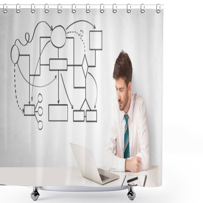 Personality  A Salesman Sitting At Desk Presenting Organizational Chart  Shower Curtains