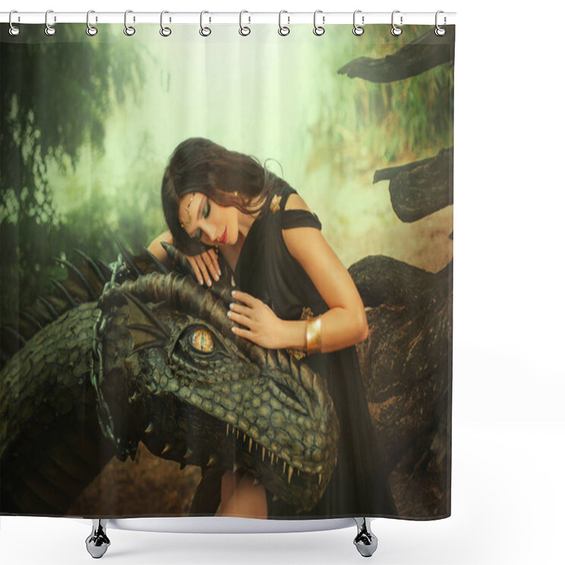 Personality  Fantasy Woman Evil Dark Queen Witch Hugs Dragon, Touching With Hands Head. Girl Mistress Tamed Myth Monster, Concept Of Dominance Control. Black Dress Girl Princess Fashion Model, Golden Moon Diadem. Shower Curtains