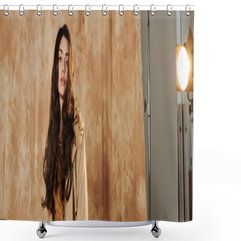 Personality  A Young Woman Poses Gracefully In A Chic Autumn Outfit, Radiating Warmth And Style Against A Cozy Backdrop. Shower Curtains