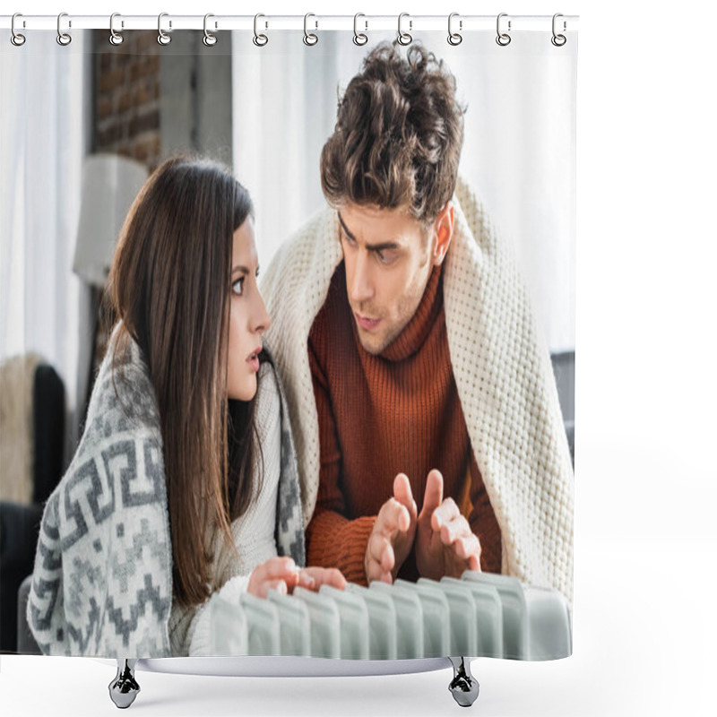 Personality  Attractive Girlfriend And Boyfriend Covered With Blankest Warming Up Near Heater  Shower Curtains