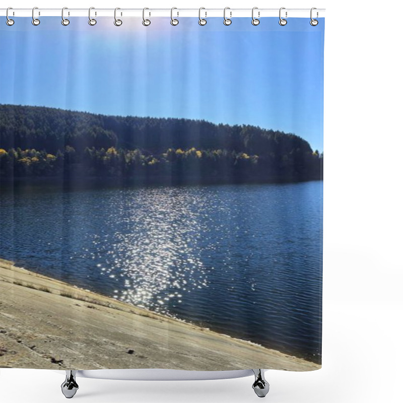 Personality  View From The Oasa Dam Towards The Lake And The Nearby Forests. Sun Shining On A Clear Blue Sky And In The Lake Water. Sibiu, Romania Shower Curtains