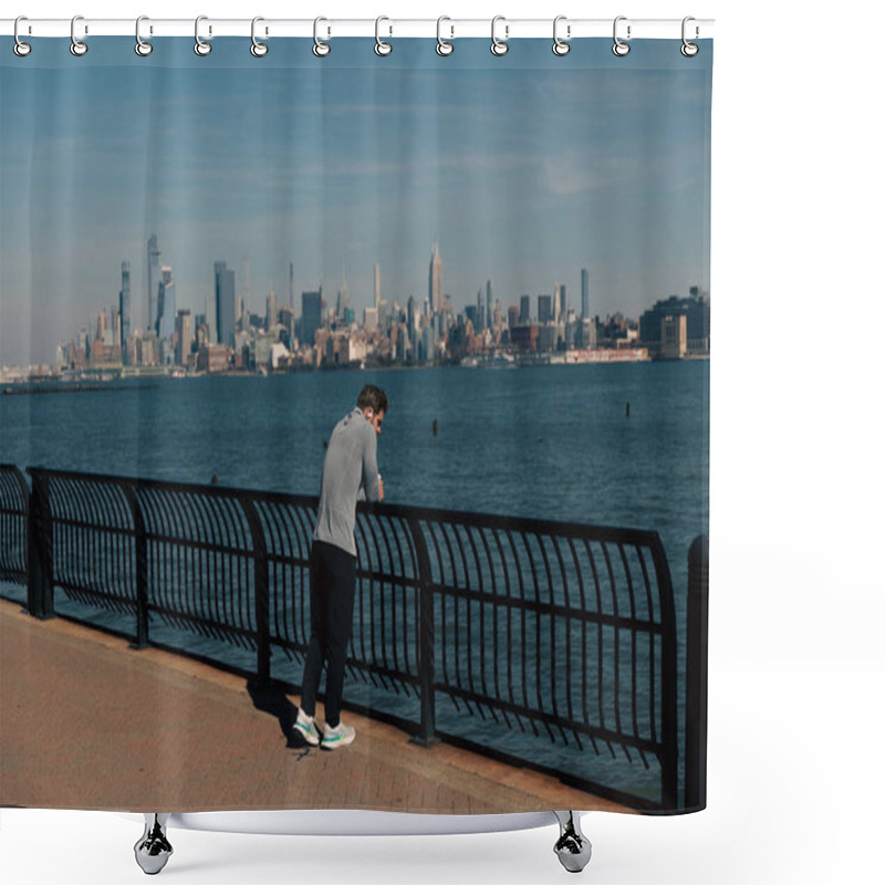 Personality  NEW YORK, USA - OCTOBER 11, 2022: Man Standing Near Fence Of Hudson River Waterfront Walkway  Shower Curtains