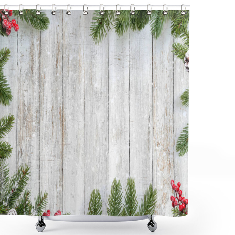 Personality  Christmas Background. Pine Leaves Christmas Decoration On White Wood Plank. Merry Christmas And New Year Holiday Background. Top View Frame Border Design. Shower Curtains