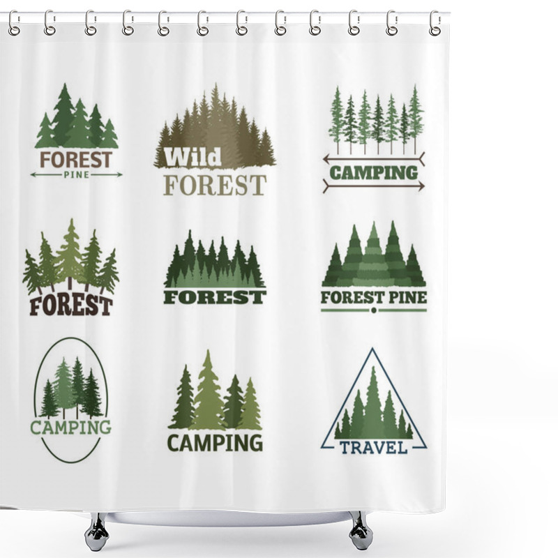 Personality  Tree Outdoor Travel Green Silhouette Forest Badge Coniferous Natural Logo Badge Tops Pine Spruce Vector. Shower Curtains