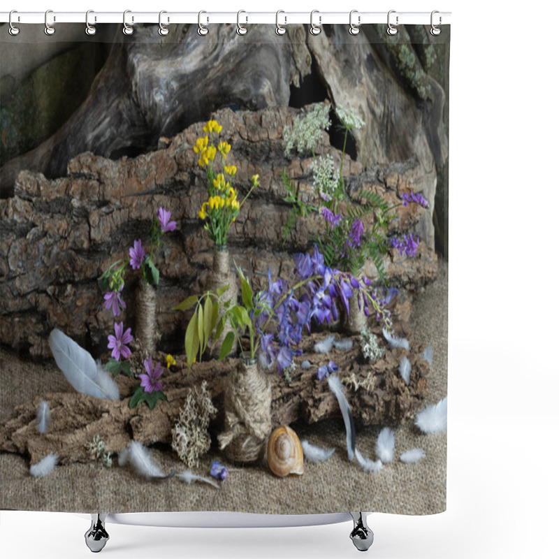 Personality  Composition, Ikebana, Still Life Of Summer Wildflowers, Tree Roots, Snail Shell, Bird Feathers, Field Grass Spikes. Shower Curtains