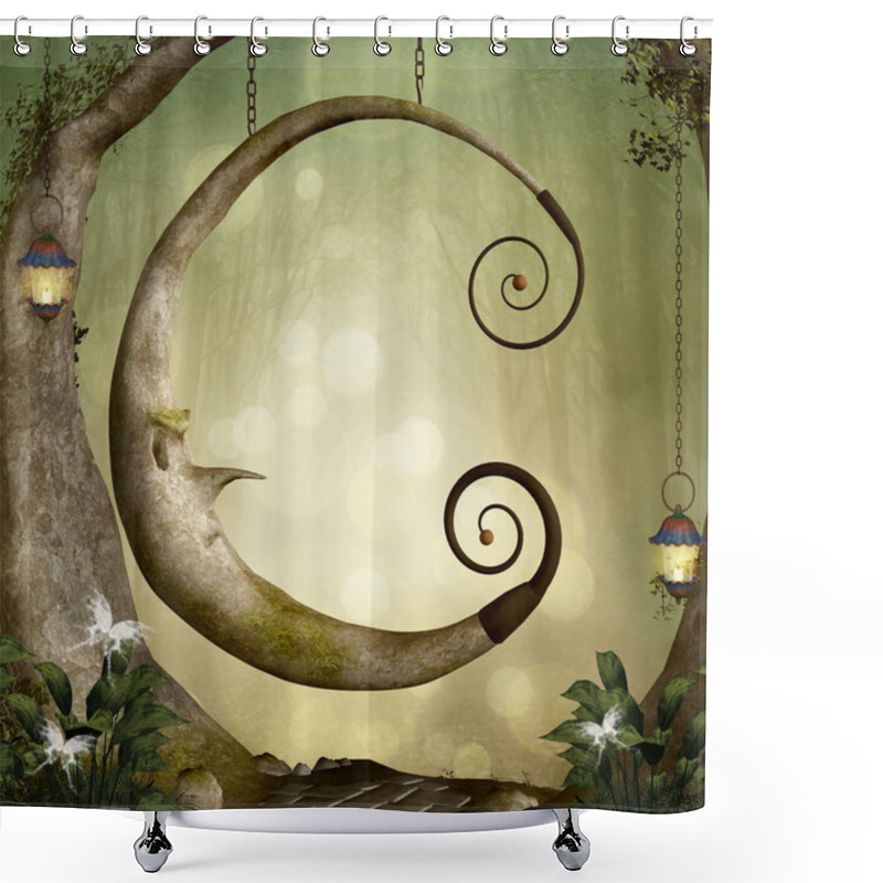 Personality  Fantasy Moon Swing With Lanterns In The Magic Forest, 3D Illustration Shower Curtains