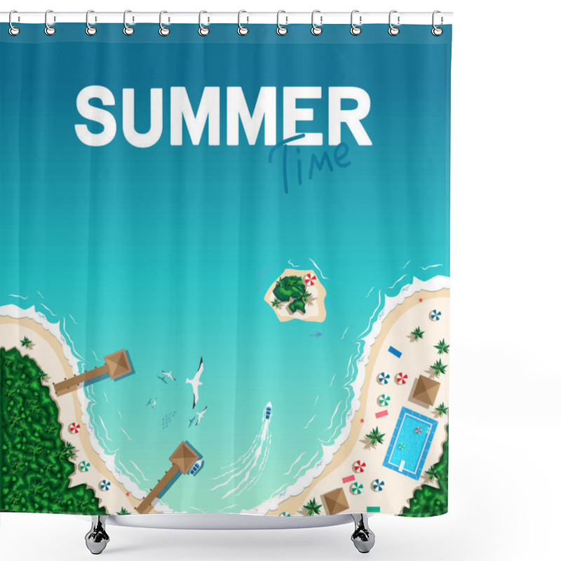 Personality  Aerial View Of A Tropical Beach And Islands. Summer Vacation Poster Template. Summer Travel. Vector Illustration. Shower Curtains