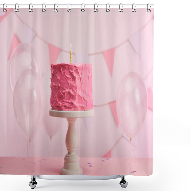 Personality  Pink Tasty Birthday Cake With Burning Candle On Cake Stand Near Air Balloons And Decoration  Shower Curtains