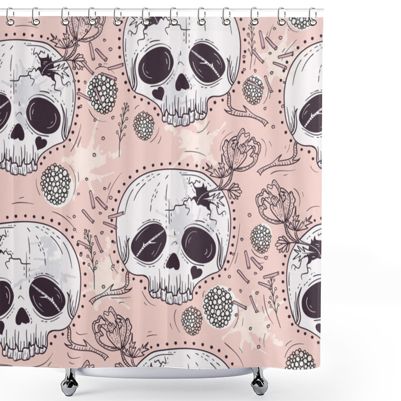 Personality  Cute Tattoo Style Skull Seamless Patten. Skull With Flowers Shower Curtains