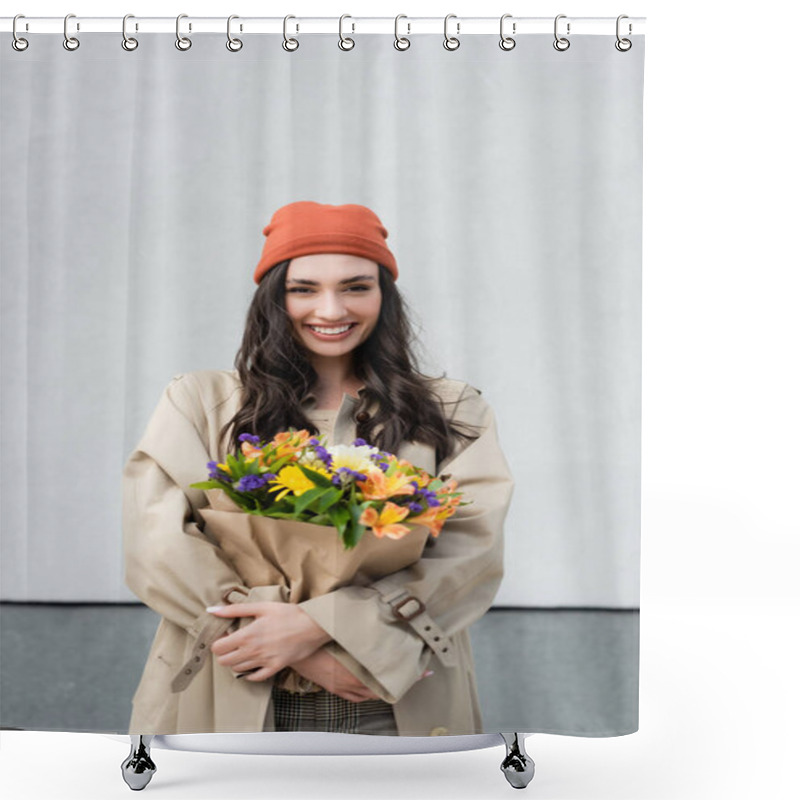 Personality  Stylish Woman In Beanie Hat And Trench Coat Holding Bouquet Of Flowers Near Grey Wall Shower Curtains