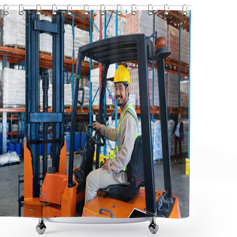 Personality  Front View Of Happy Mature Asian Male Worker Sitting In Forklift And Looking At Camera In Warehouse. Shower Curtains