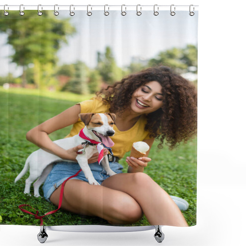 Personality  Selective Focus Of Young Woman Sitting With Ice Cream And Looking At Dog Shower Curtains