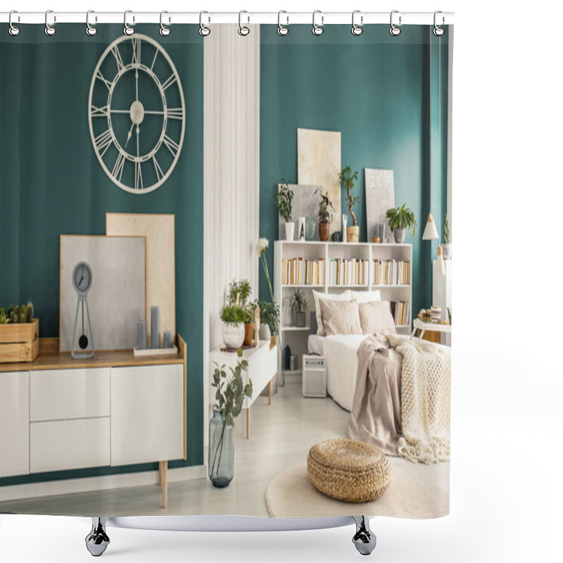 Personality  Old-fashioned Clock With Roman Numbers On A Turquoise Green Wall Above A White Scandinavian Design Sideboard In A Stylish Open Space Interior Shower Curtains