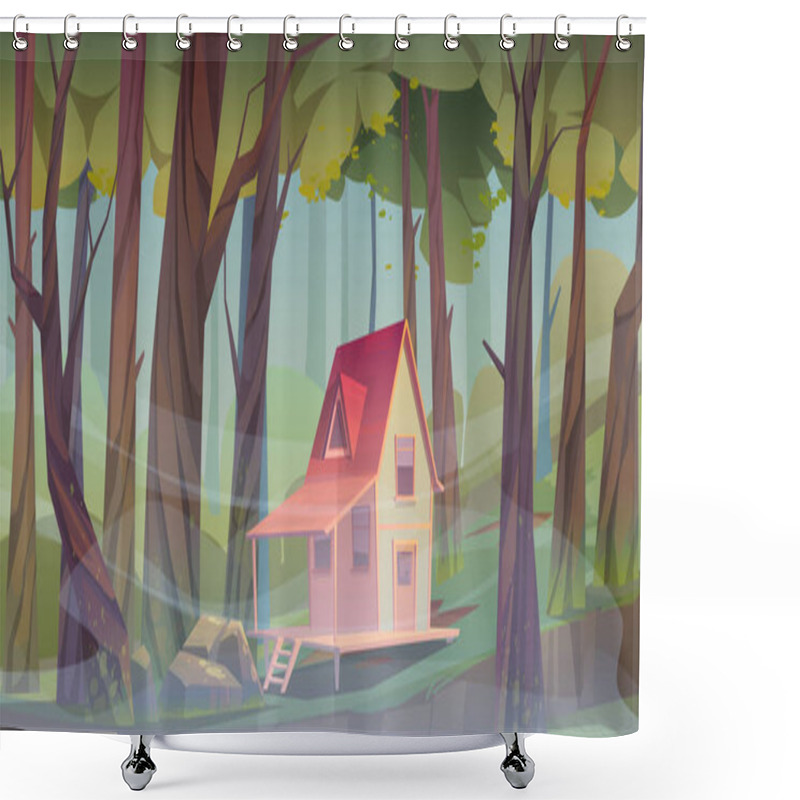 Personality  Wood House In Forest With Morning Fog Shower Curtains