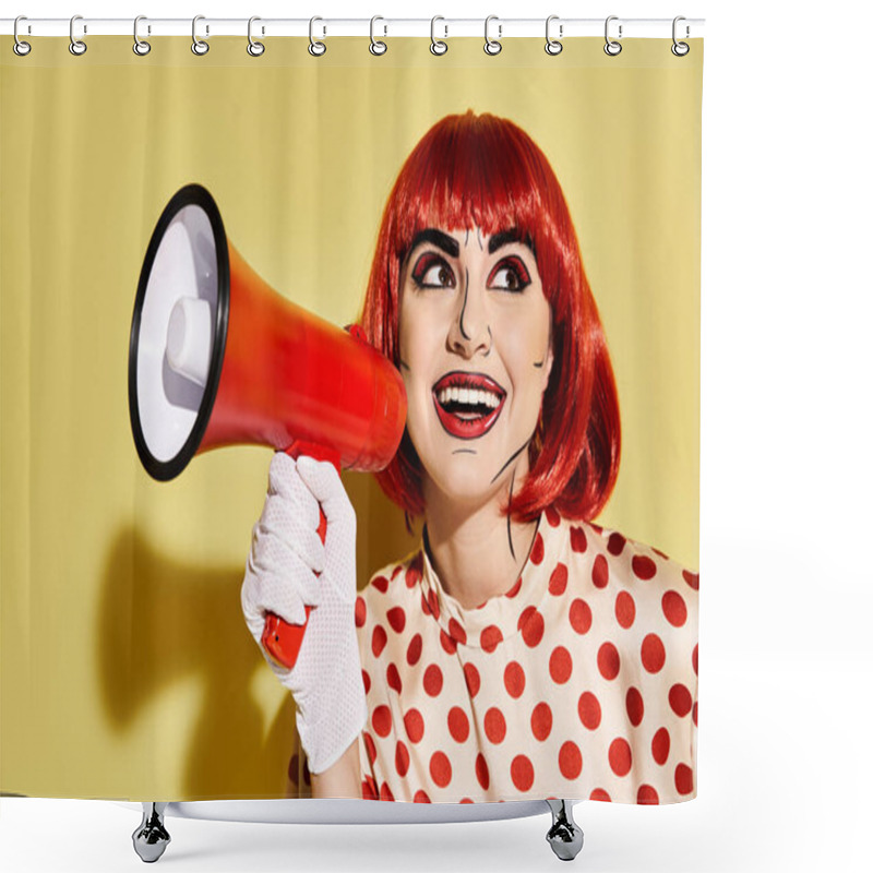 Personality  A Vibrant Redhead Woman In A Polka Dot Blouse Confidently Holds A Red And White Megaphone Against A Yellow Backdrop. Shower Curtains