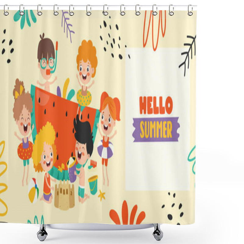 Personality  Flat Summer Banner With Cartoon Character Shower Curtains