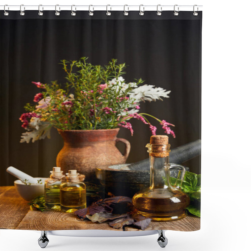 Personality  Clay Vase With Fresh Herbs And Flowers Near Mortar And Pestle And Bottles On Wooden Table Shower Curtains