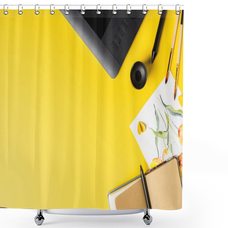 Personality  Top View Of Paintbrushes Near Painting, Drawing Tablet, Notebook And Stylus On Yellow  Shower Curtains