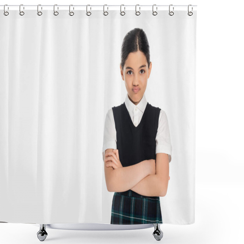 Personality  Portrait, Offended Schoolgirl In Uniform Looking At Camera And Standing With Folded Arms On White Shower Curtains