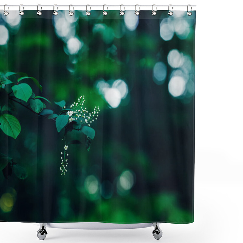 Personality  Beautiful Fairy Dreamy Magic White Jasmine Or Cherry Flowers On Tree Branch In Forest With Dark Green  Leaves, Retro Vintage Color, Soft Selective Focus, Blurry Background With Bokeh Shower Curtains