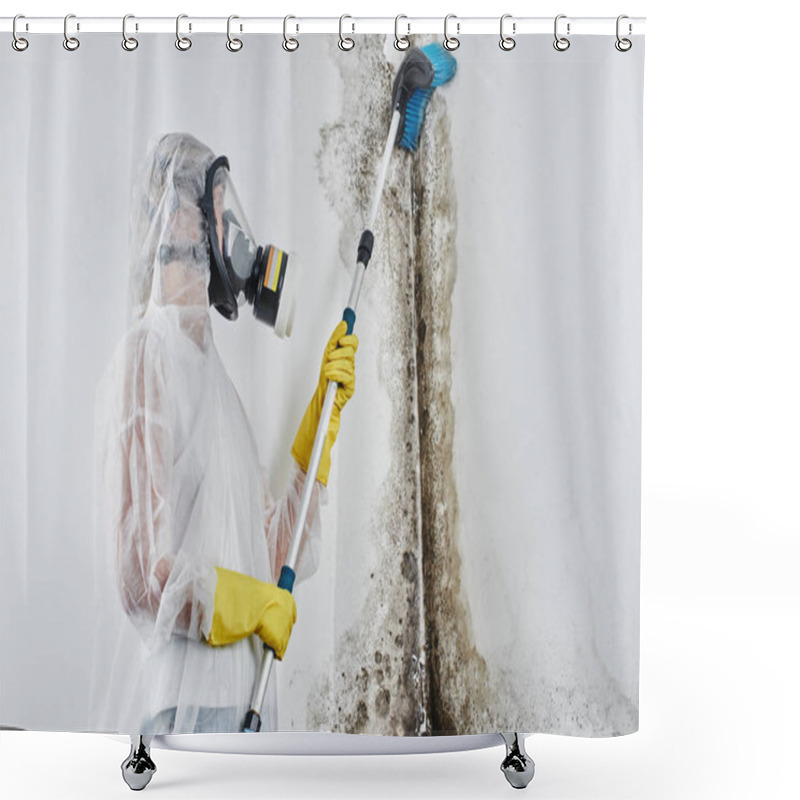 Personality  A Professional Disinfector In Overalls Processes The Walls From Mold With A Brush. Removal Of Black Fungus In The Apartment And House. Aspergillus Shower Curtains