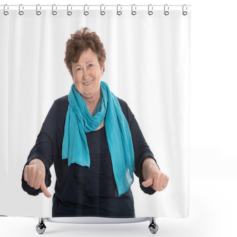 Personality  Funny Isolated Older Lady In Blue Making Thumbs Down Gesture. Shower Curtains