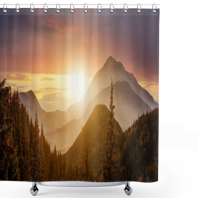 Personality  Sunset Landscape With High Peaks And Foggy Valley With Autumn Spruce Forest Under Vibrant Colorful Evening Sky In Rocky Mountains. Shower Curtains