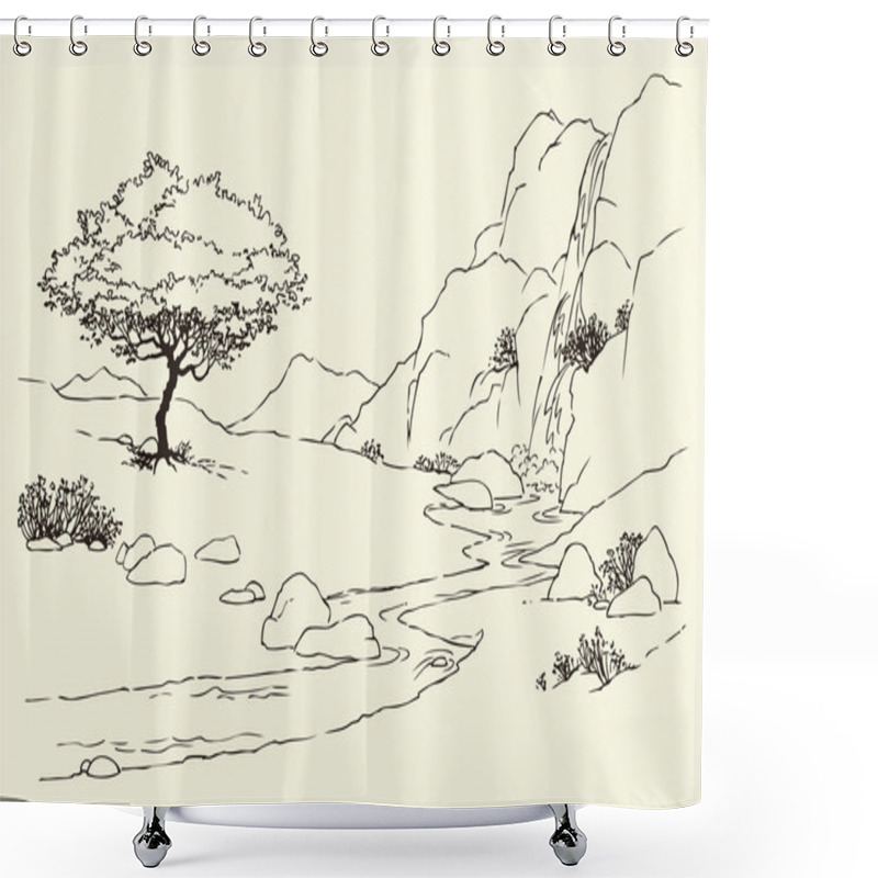 Personality  Tree Near A Mountain Stream In The Meadow Shower Curtains