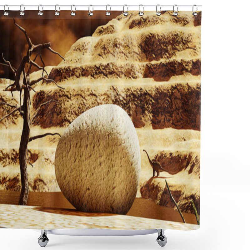 Personality  Huge Dinosaur Egg With Parent Diplodocus In The Background 3d Rendering Shower Curtains