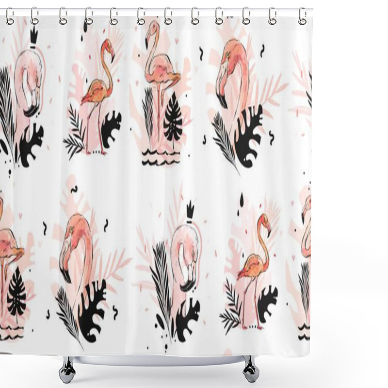 Personality  Hand Drawn Vector Abstract Graphic Freehand Textured Sketch Pink Flamingo And Tropical Palm Leaves Drawing Illustration Seamless Pattern With Modern Confetti Elements Isolated On White Background Shower Curtains