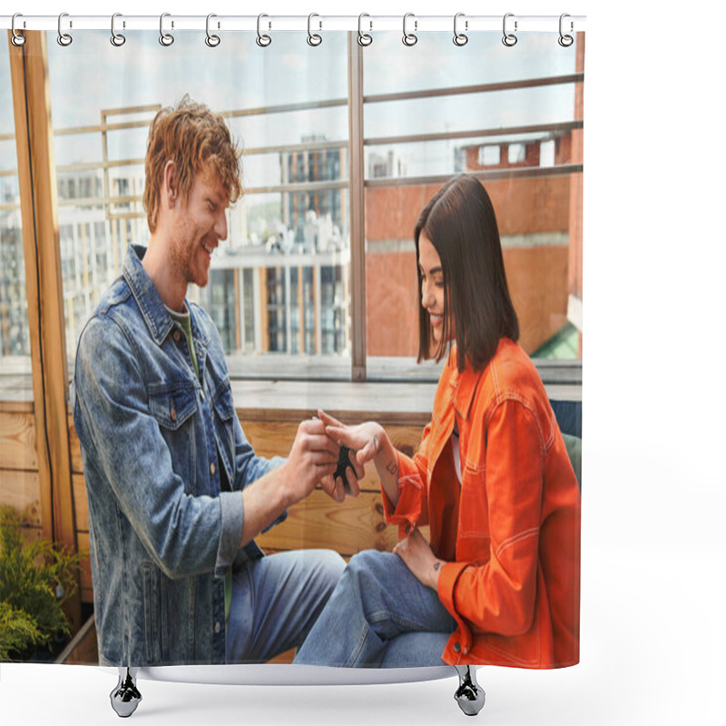 Personality  A Man And Woman Sitting Atop A Window Sill, Lost In Conversation, Silhouetted Against The Glowing City Lights At Dusk Shower Curtains