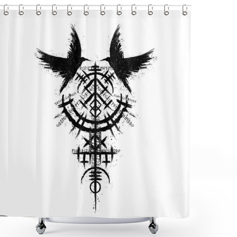 Personality  Black Grunge Raven Bird Silhouettes With Ink Splash Isolated On White Background. Norse Viking Valhalla Vegvisir Rune Symbol Shower Curtains