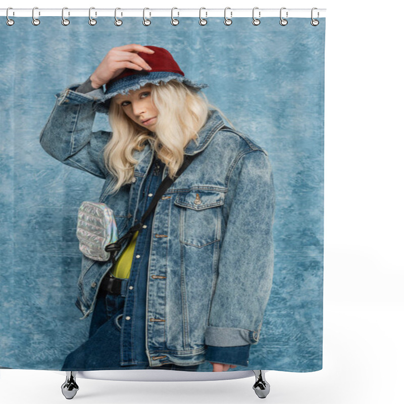 Personality  Blonde Woman In Denim Jacket And Panama Hat Looking At Camera Near Blue Textured Background   Shower Curtains