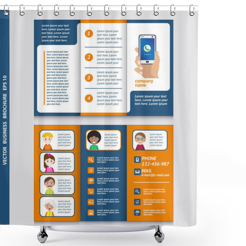 Personality  Business Brochure Template With Hand Holding A Smart Phone, Men And Women  Icons. Shower Curtains