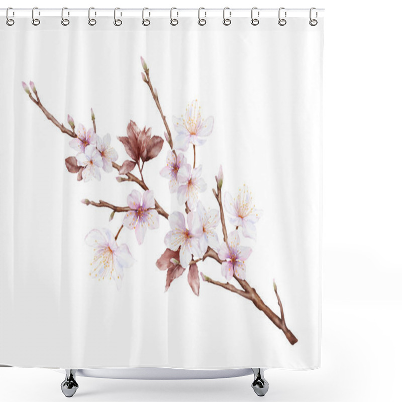 Personality  Watercolor Magenta Cherry Blossoms Bloom On The Branches. Cherry Blossom And Leaves Branch Bouquet Vector Isolated On White Background. Suitable For Decorative Spring Festivals, Or Cards. Shower Curtains