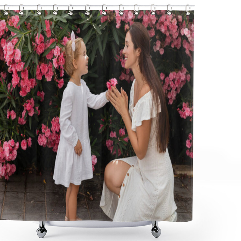 Personality  Side View Of Smiling Toddler Girl In Summer Dress Giving Flowers To Mom In Valencia Shower Curtains