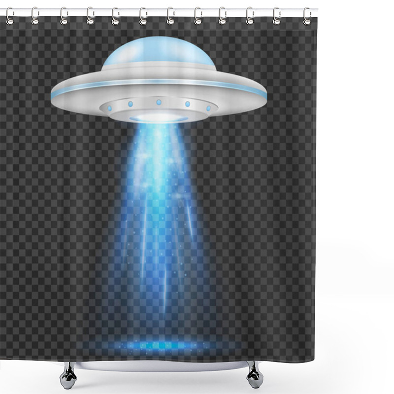 Personality  UFO - Alien Spaceship With Blue Lights. Isolated On Background. Vector Illustration. Eps 10. Shower Curtains