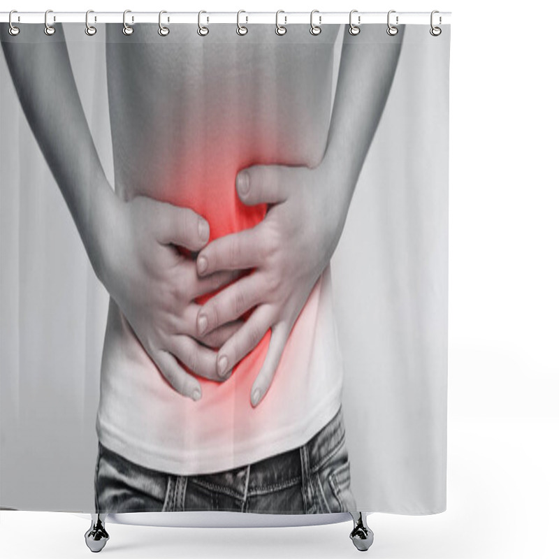 Personality  Woman With Abdominal Pain In White T-shirt Diarrhea Gray Background Shower Curtains