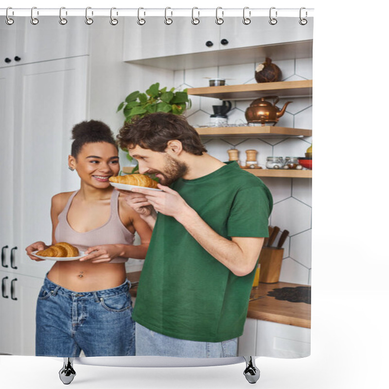 Personality  Good Looking Joyous Diverse Couple In Comfy Homewear Holding Plates With Croissants In Kitchen Shower Curtains